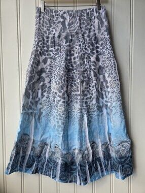 Queenspark Leopard Print Floral Blue White Maxi A line Flowy Skirt Medium